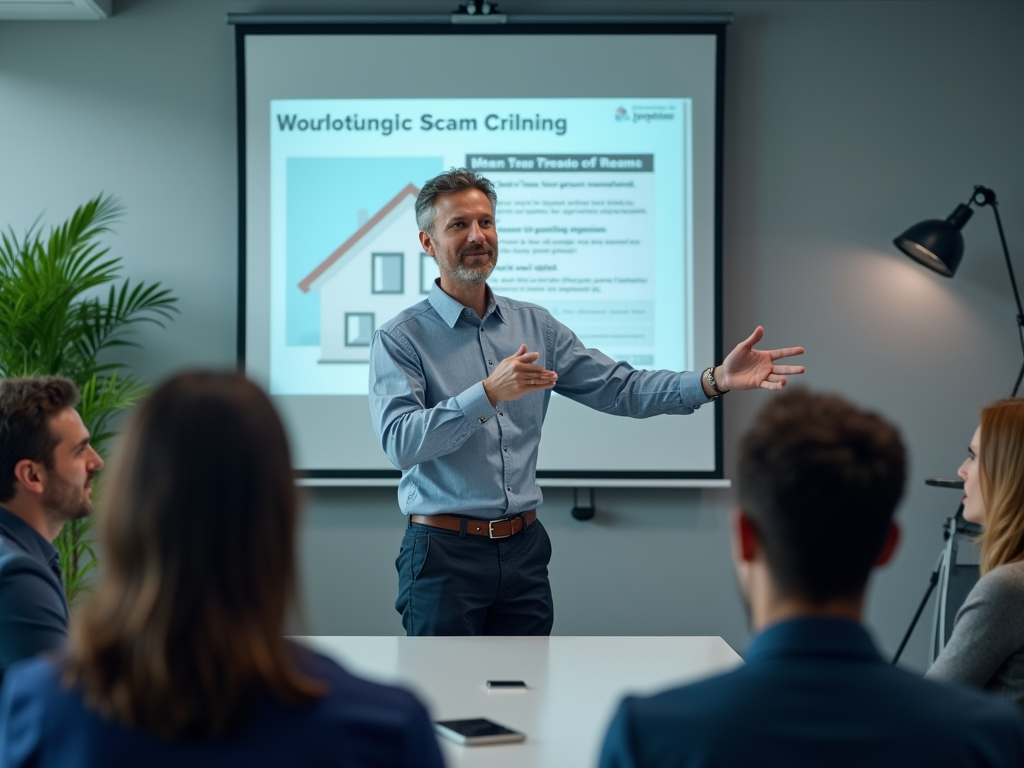 A man presents in a meeting room, discussing a topic with engaged attendees and a presentation in the background.