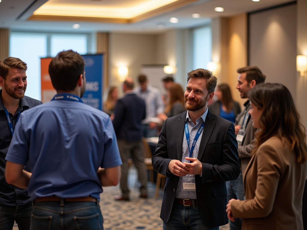 A group of professionals engages in conversation at a conference in a spacious meeting room.