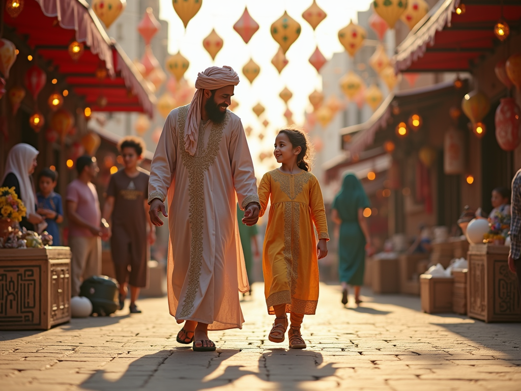 Man and girl holding hands in a festive street market with lanterns.