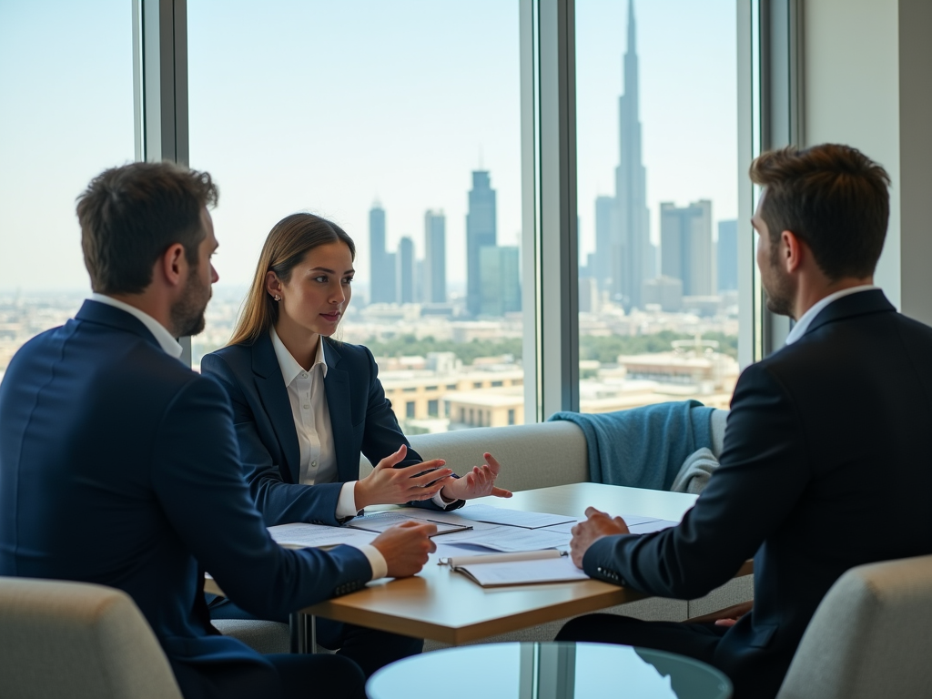 Three professionals discussing in a meeting room with a cityscape visible through the window.