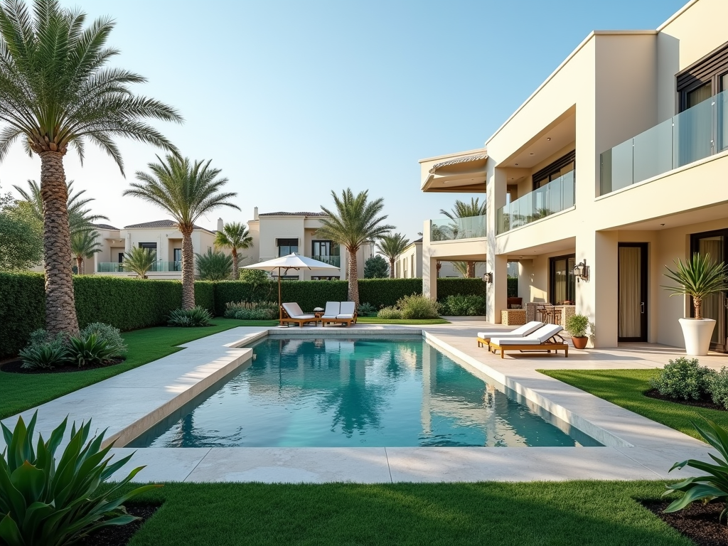 A luxurious villa patio featuring a pool, palm trees, and outdoor seating under a sun umbrella. Bright and serene setting.