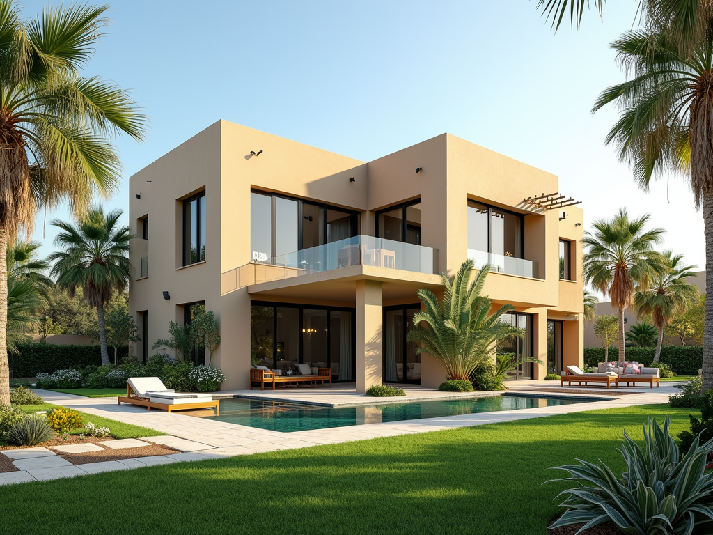 Modern two-story house with pool, terrace, and lush landscaping at sunset.