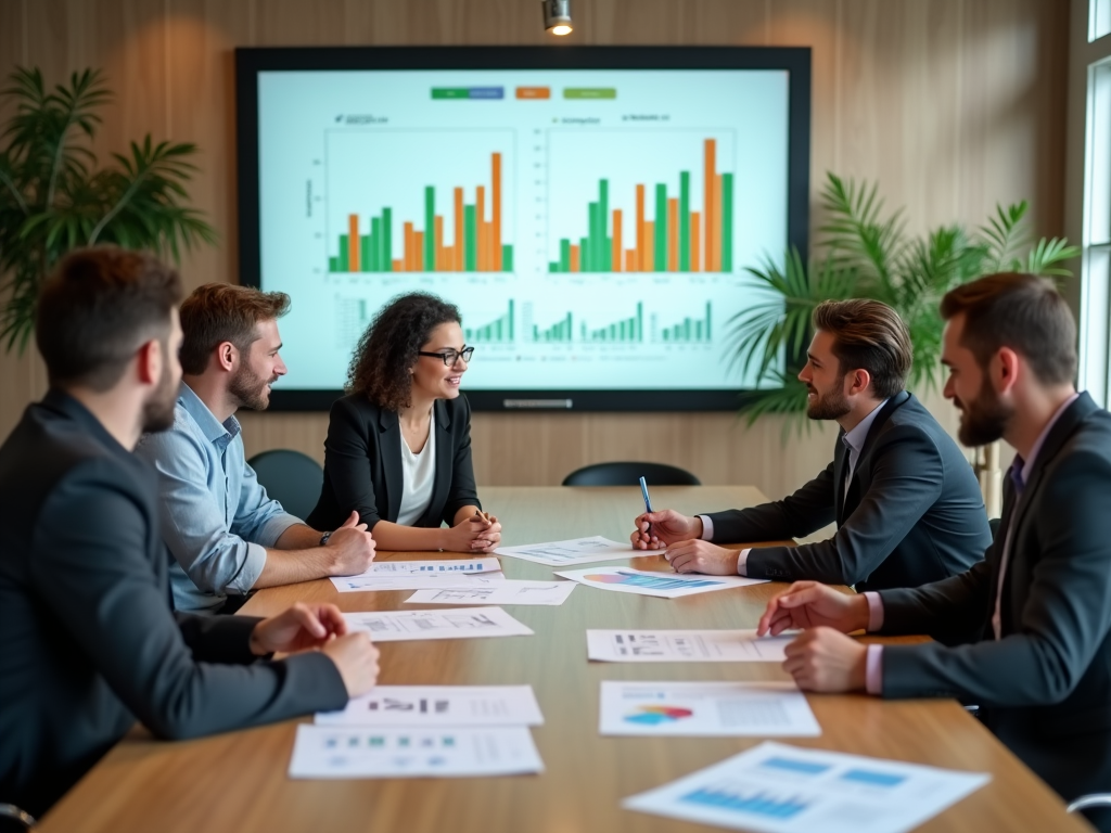 Professionals in a meeting discussing data shown on a screen with bar charts.