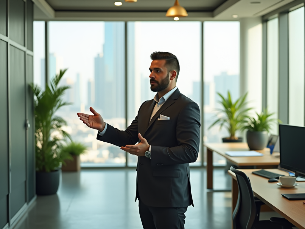 Businessman gesturing during a discussion in a modern office with cityscape view.