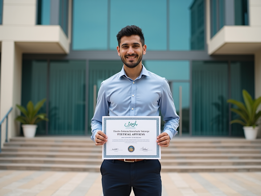 Smiling man holding a certificate in front of a modern building.