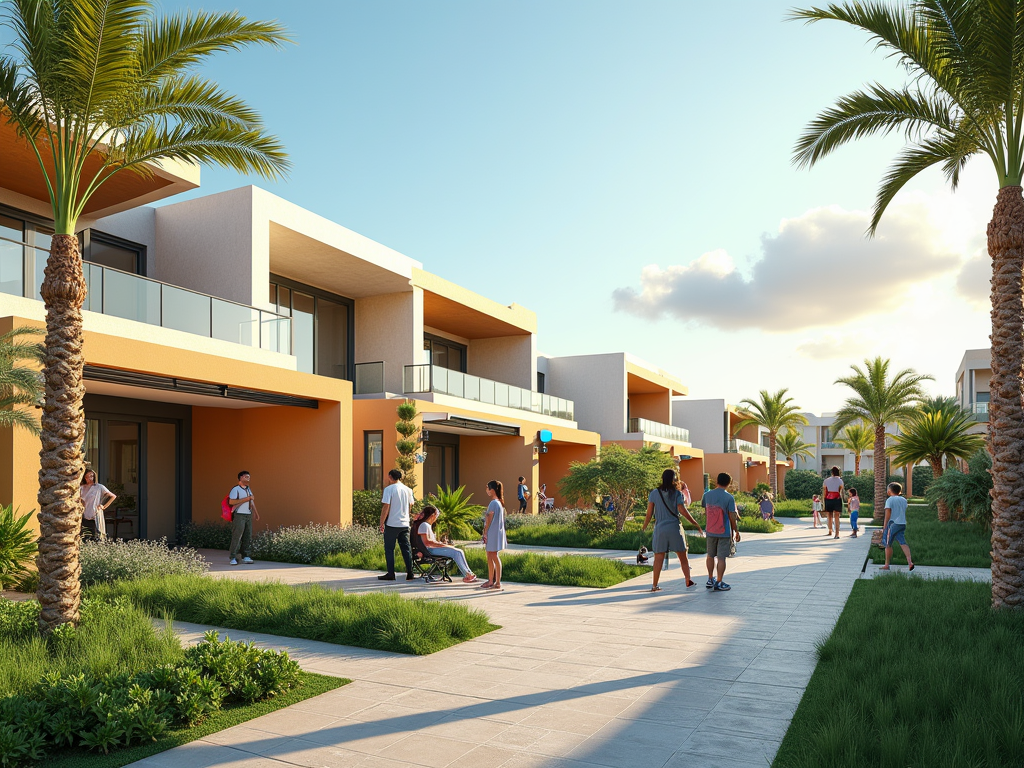 A vibrant community scene with people walking and socializing around modern houses and greenery under a clear sky.