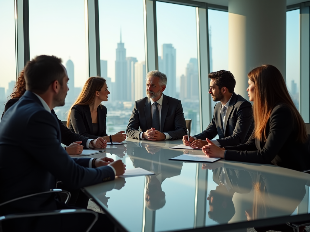 A diverse group of six professionals in suits engaged in a serious discussion around a conference table with a city view.