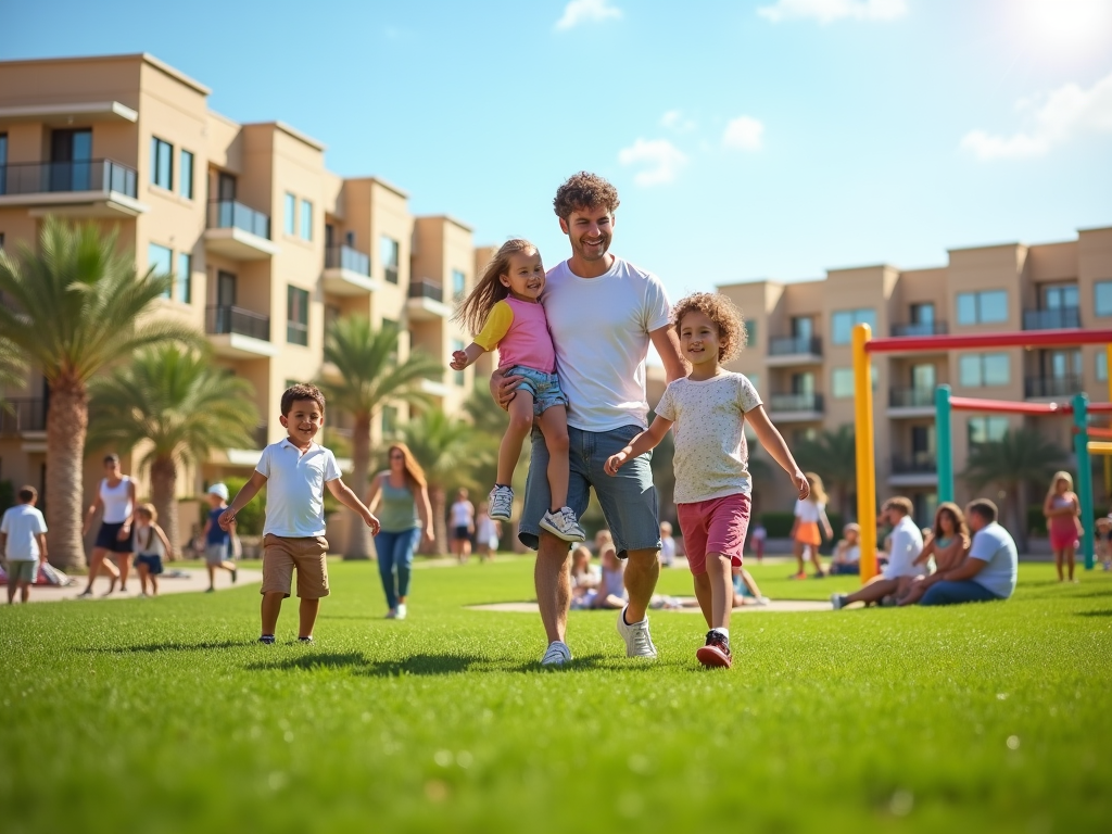 Father playing with two kids in a sunny park near apartments, with other families in the background.