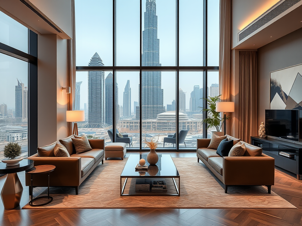 A modern living room with a city skyline view, featuring stylish furniture and large windows.