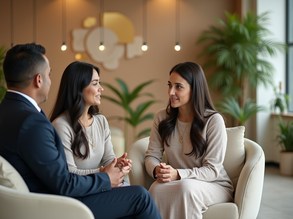 Two women and a man in business attire having a discussion in a stylish office lounge.