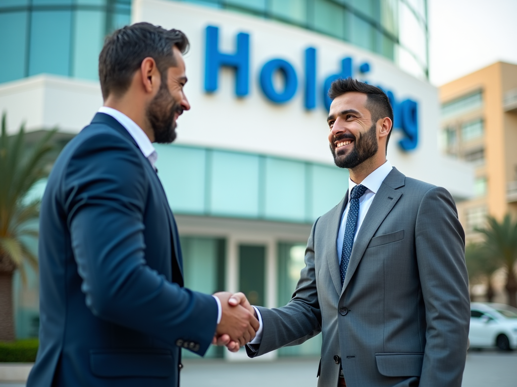 Two businessmen shaking hands outside a building with a sign reading "Holding."