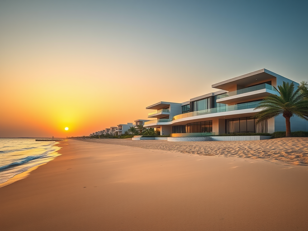 Modern beachfront homes line a sandy shore, illuminated by a vibrant sunset over calm waters.