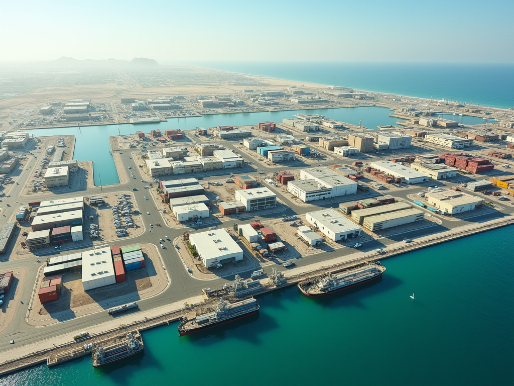 Aerial view of a coastal industrial area with warehouses, docks, and ships near a turquoise sea.