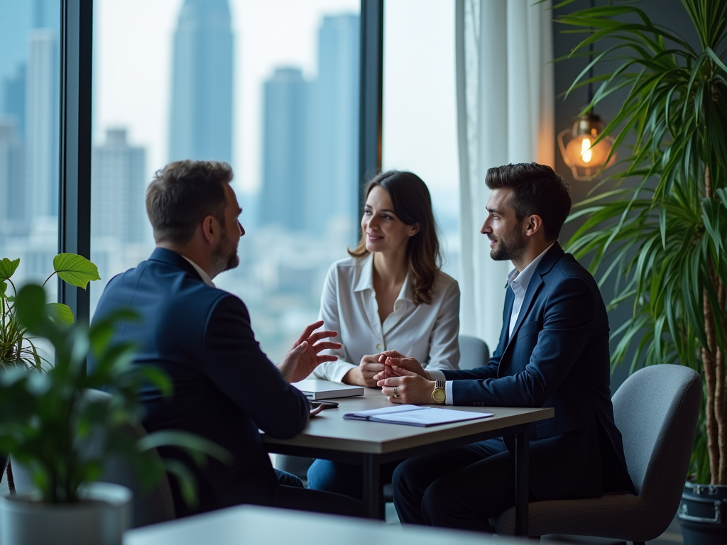 Three professionals in suits have a discussion at a modern table with a city view through large windows.