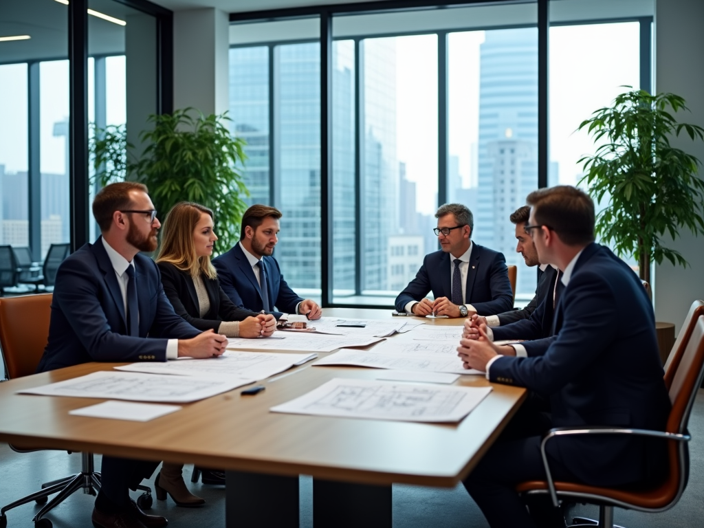 A team of professionals in suits discusses plans at a conference table with city views through large windows.