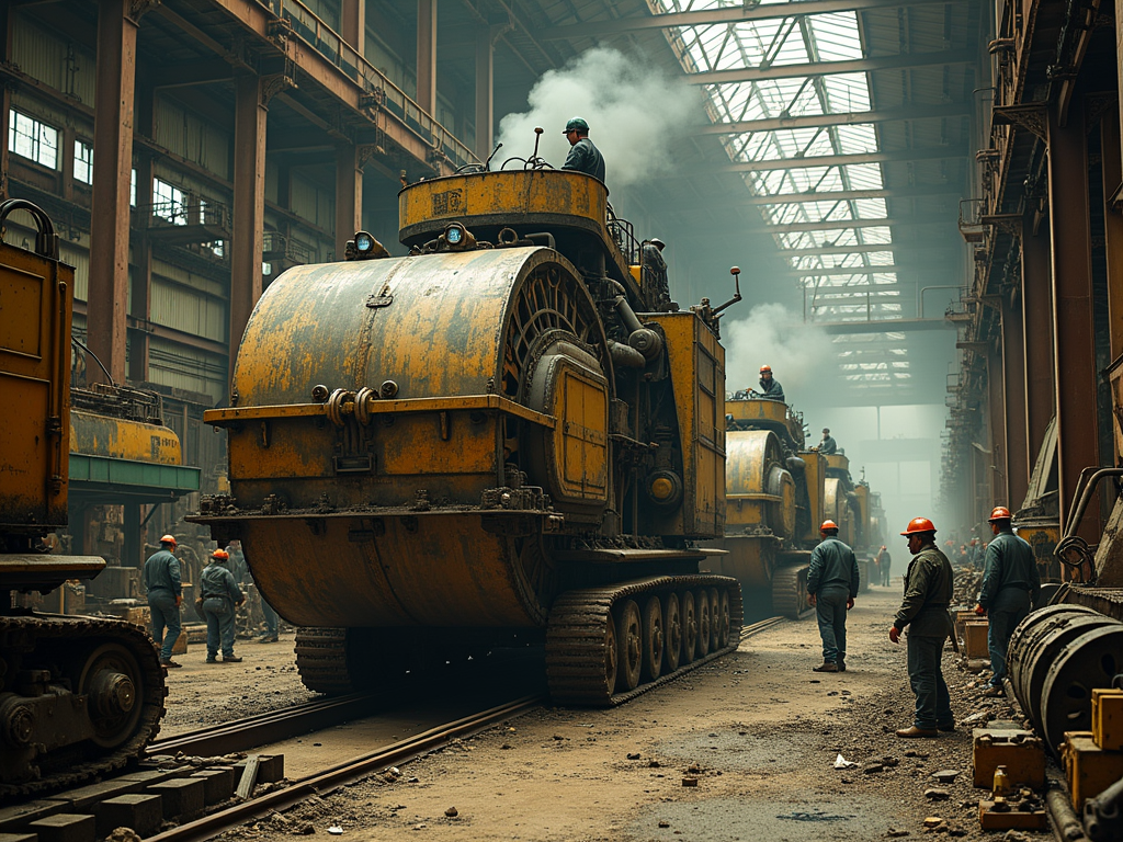 Heavy machinery operating in a smoky industrial setting with workers wearing helmets and protective gear.