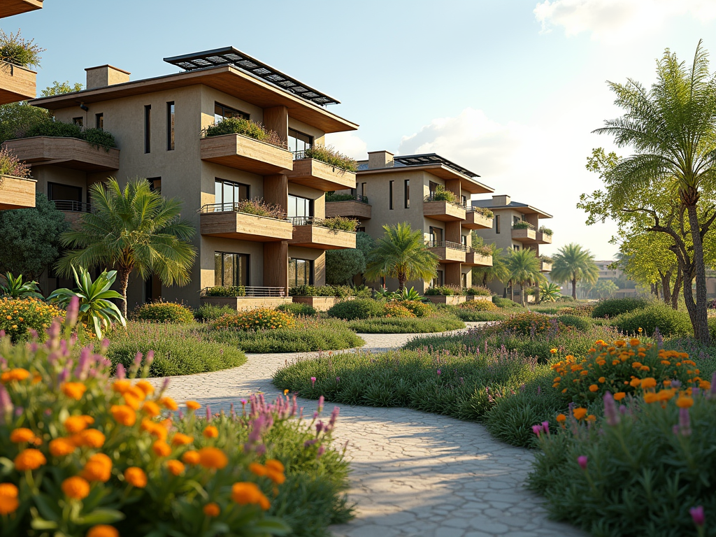 Luxurious multi-story houses with balconies surrounded by lush gardens and pathways.