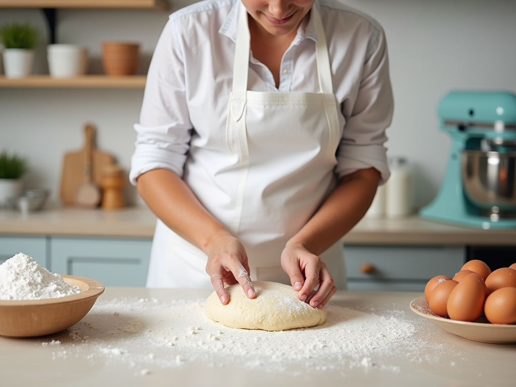 Woman kneading dough in a modern kitchen with ingredients around.