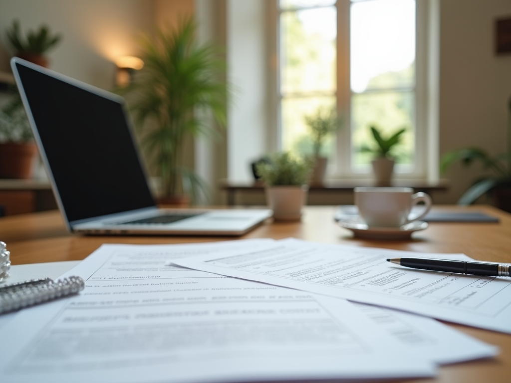 Bright home office with documents on a table, a laptop, and a coffee cup, natural light streaming through a window.