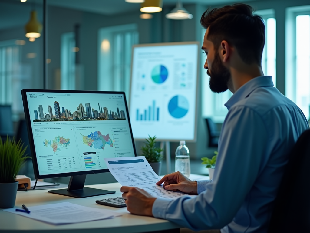 Man analyzing data on computer with dual screens displaying graphs and world maps in a modern office.