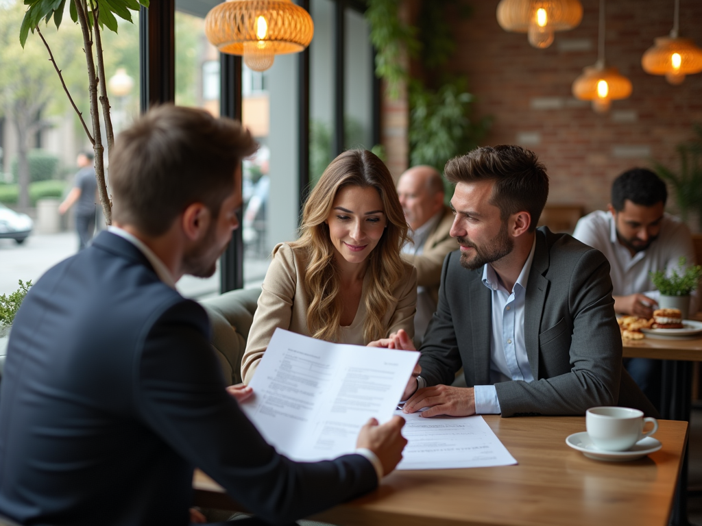 Three professionals discussing documents at a cafe table.