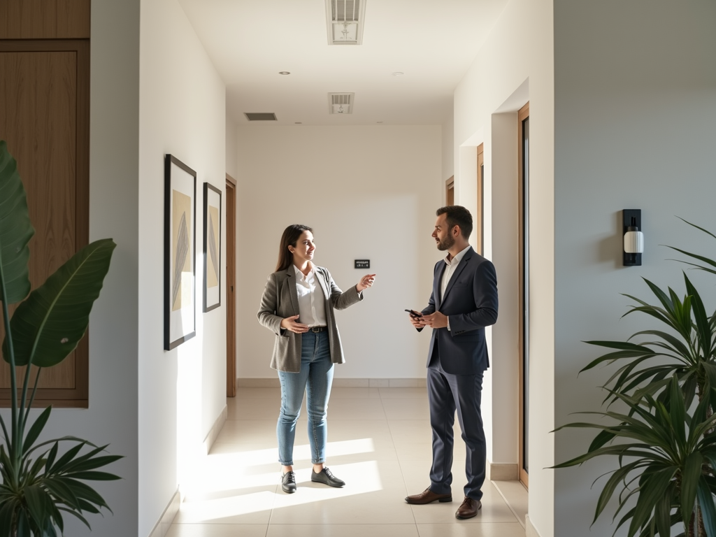 A woman in a blazer talks with a man in a suit in a bright hallway, discussing something while holding devices.