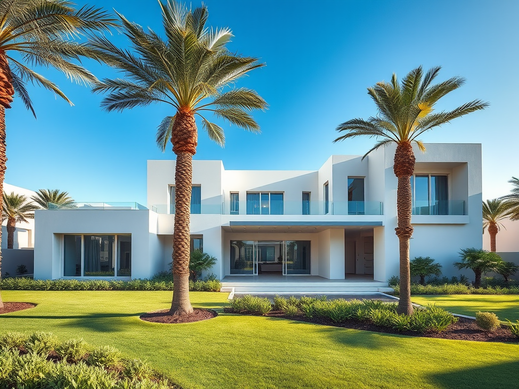 A modern white house surrounded by palm trees, featuring a green lawn and large glass windows under a clear blue sky.