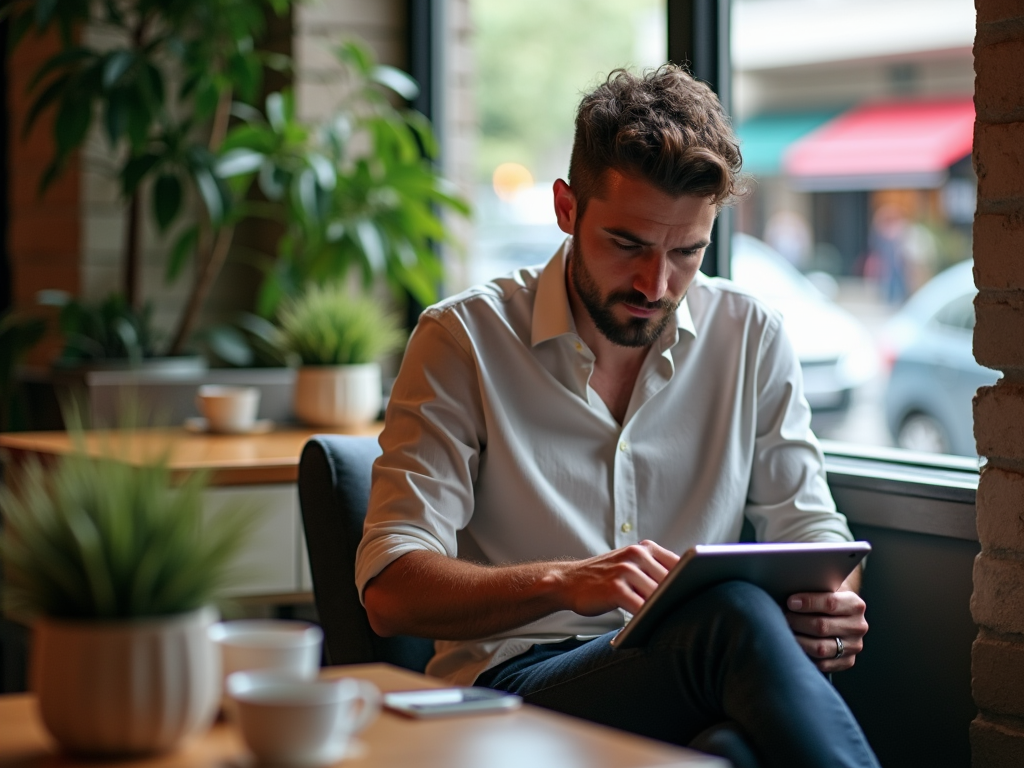 Man in cafe focused on reading tablet, sitting by window with green plants nearby.