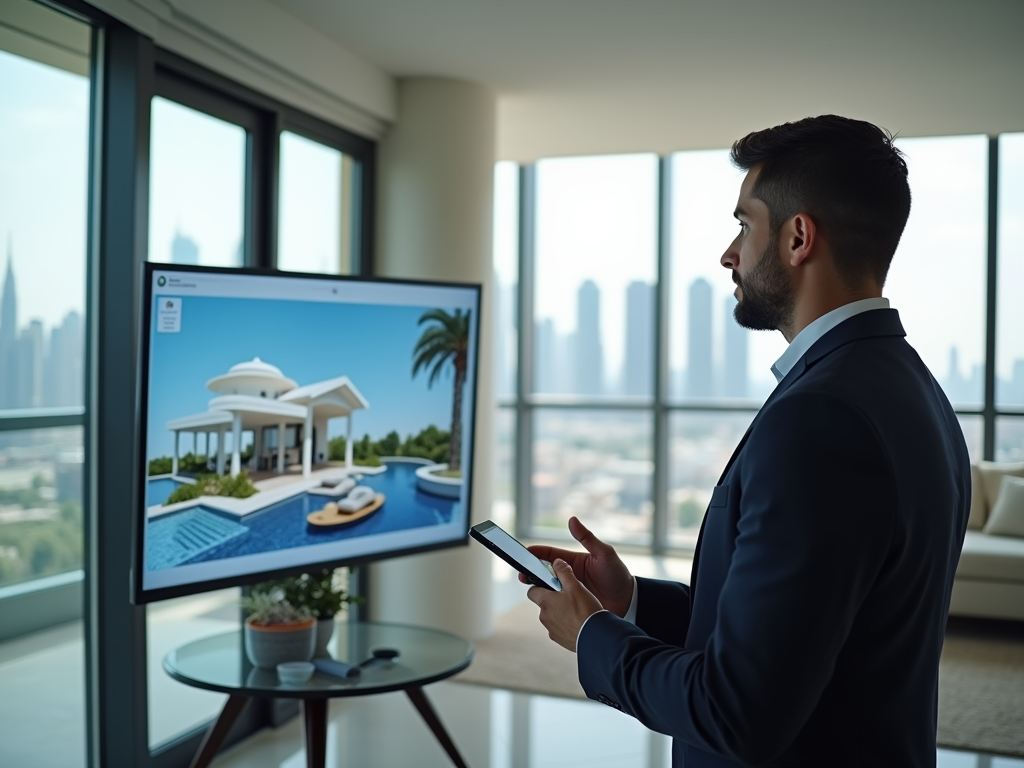 Man in suit views a monitor displaying luxury home with a pool, in an upscale office.