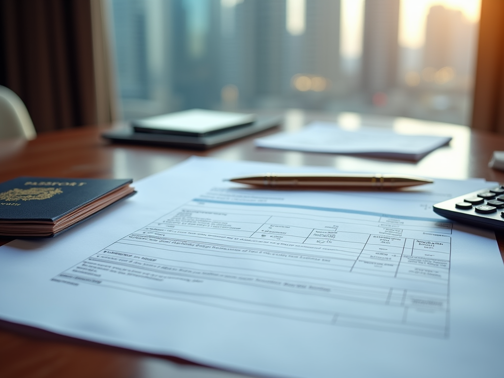 A close-up of official documents and a passport on a desk, with a calculator and city skyline in the background.