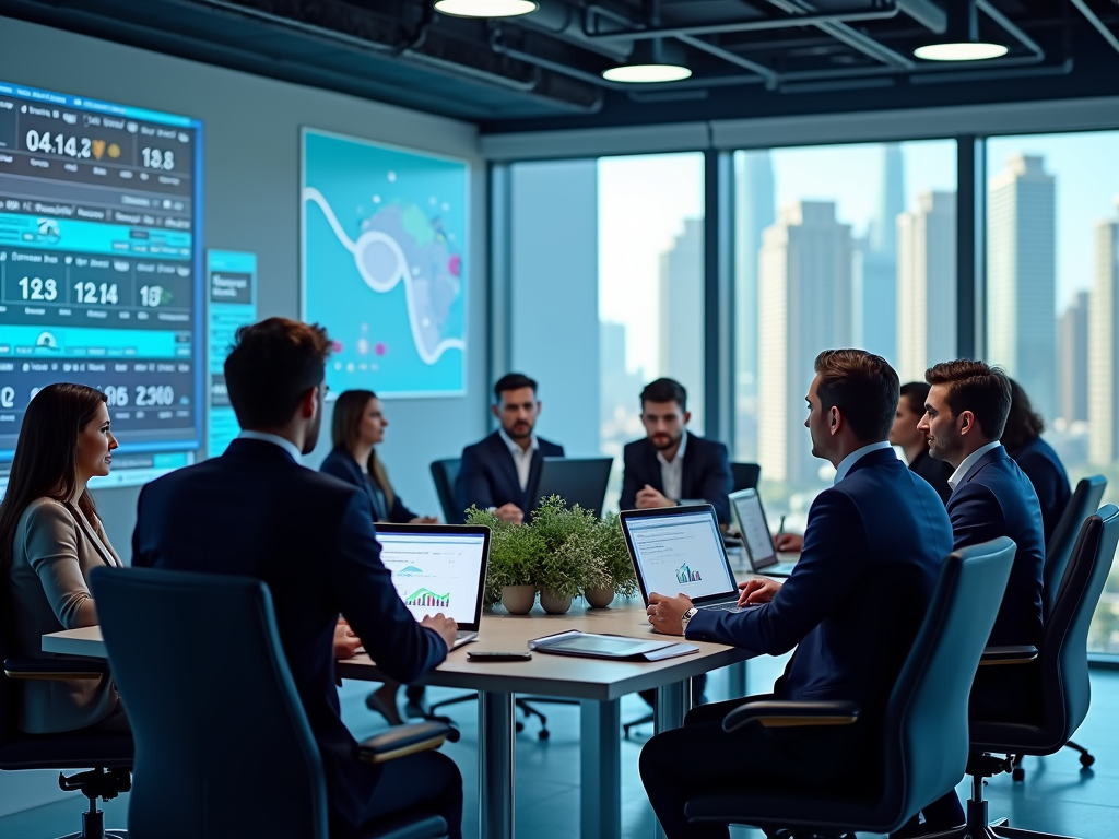 Business professionals in a meeting room with digital data displays and city view.