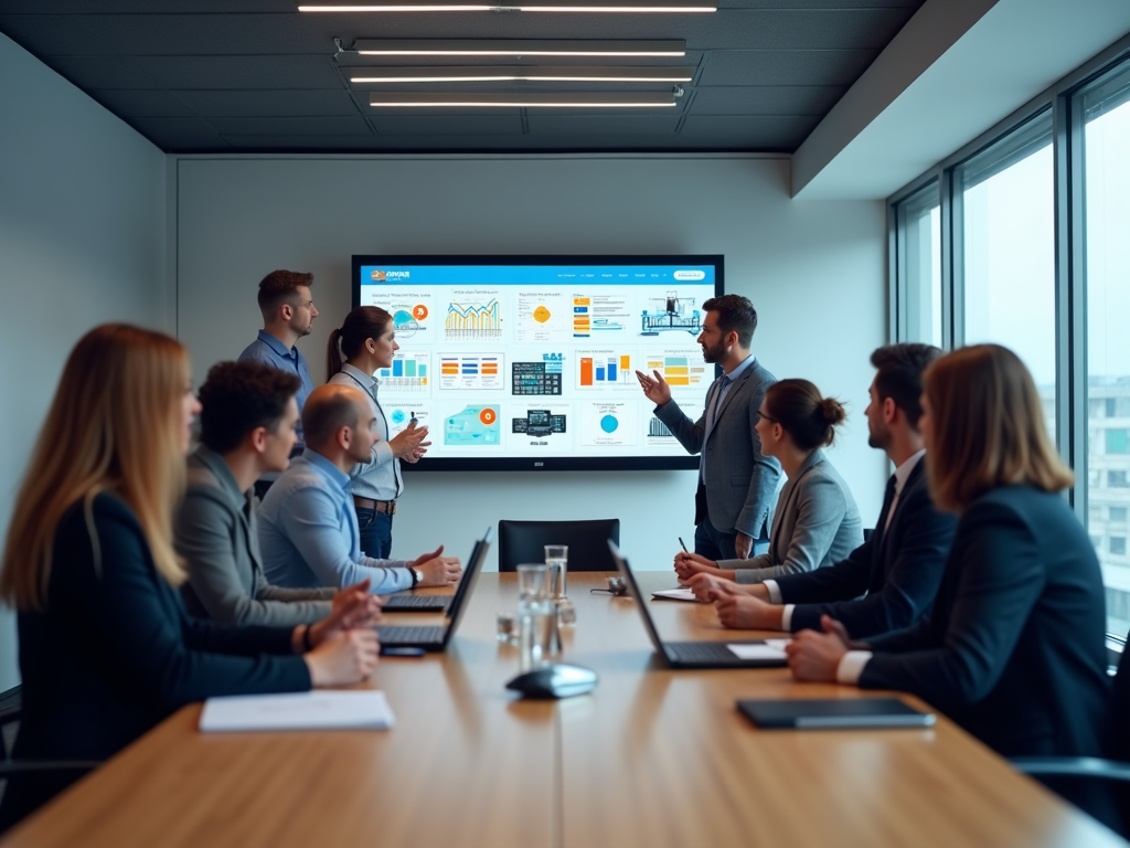 A business team listens to a presentation in a modern office with data charts on a screen.