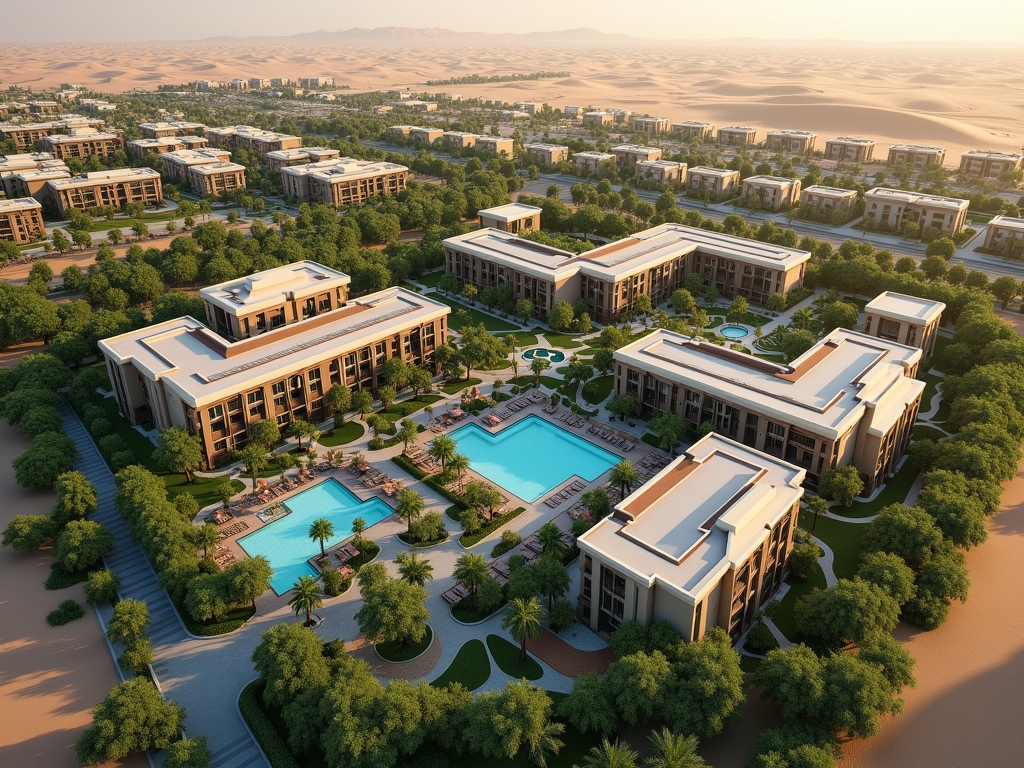 Aerial view of a luxurious desert resort with pools and lush gardens surrounded by sandy landscapes.