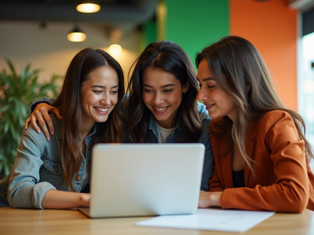 Three women smiling and looking at a laptop together in a colorful office setting.