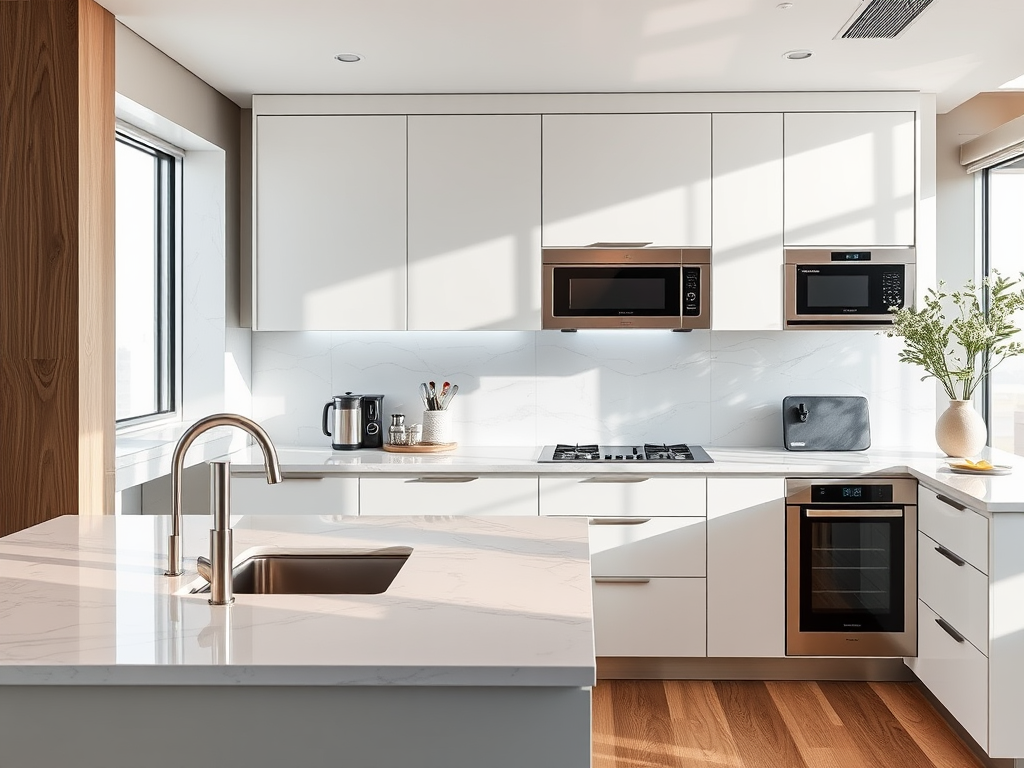 A modern kitchen with white cabinets, stainless appliances, and hardwood flooring, filled with natural light.