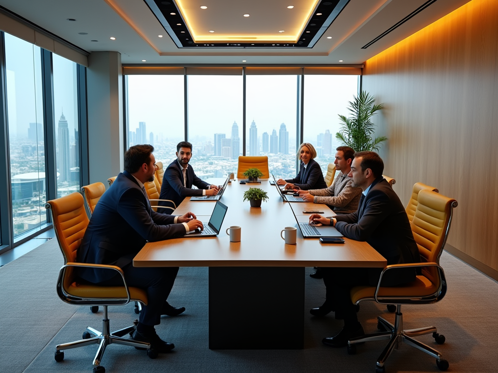 Business professionals in a modern boardroom with cityscape view through large windows.