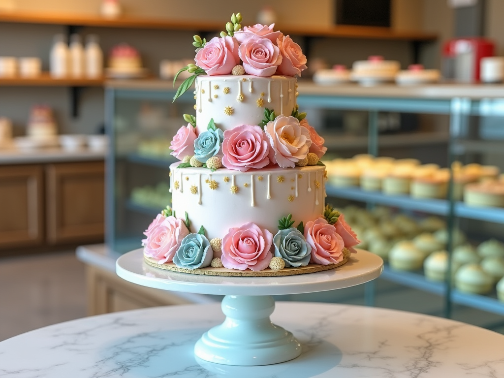 Elegant three-tiered cake with pink and blue floral decorations and gold accents on a bakery display.