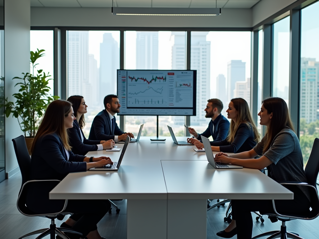 A business meeting with six professionals discussing data on laptops in a modern conference room.