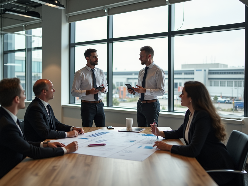 A group of five professionals in a meeting room discussing documents and using phones by large windows.