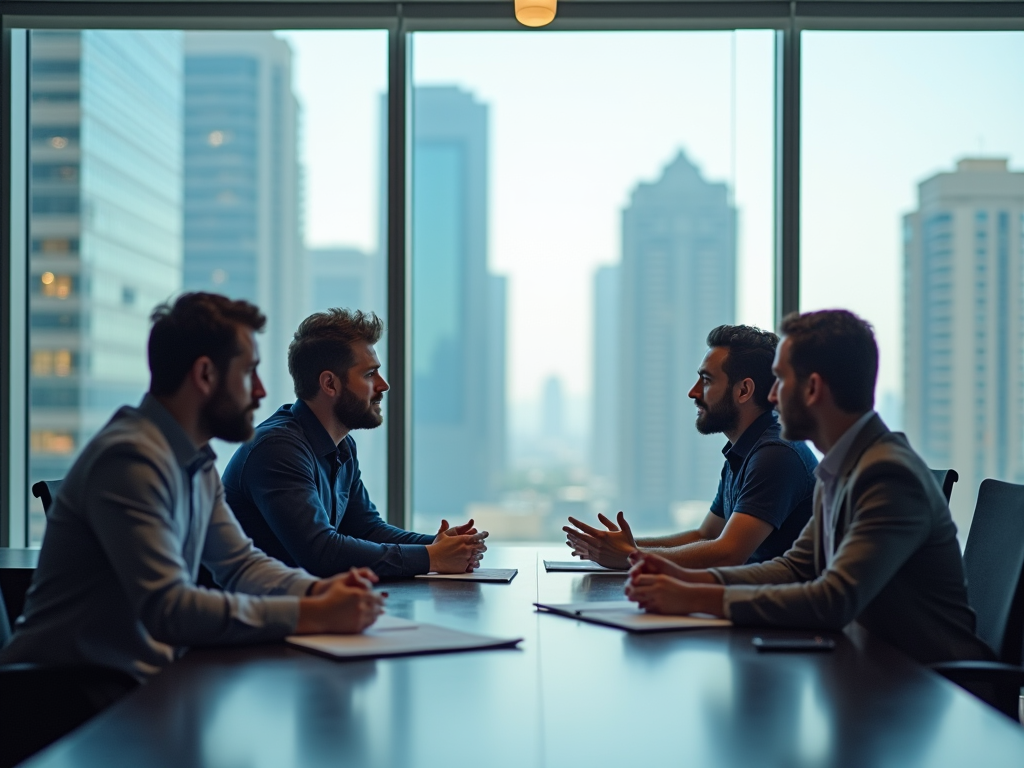 Four businessmen in a meeting at a conference table with city skyline in background.