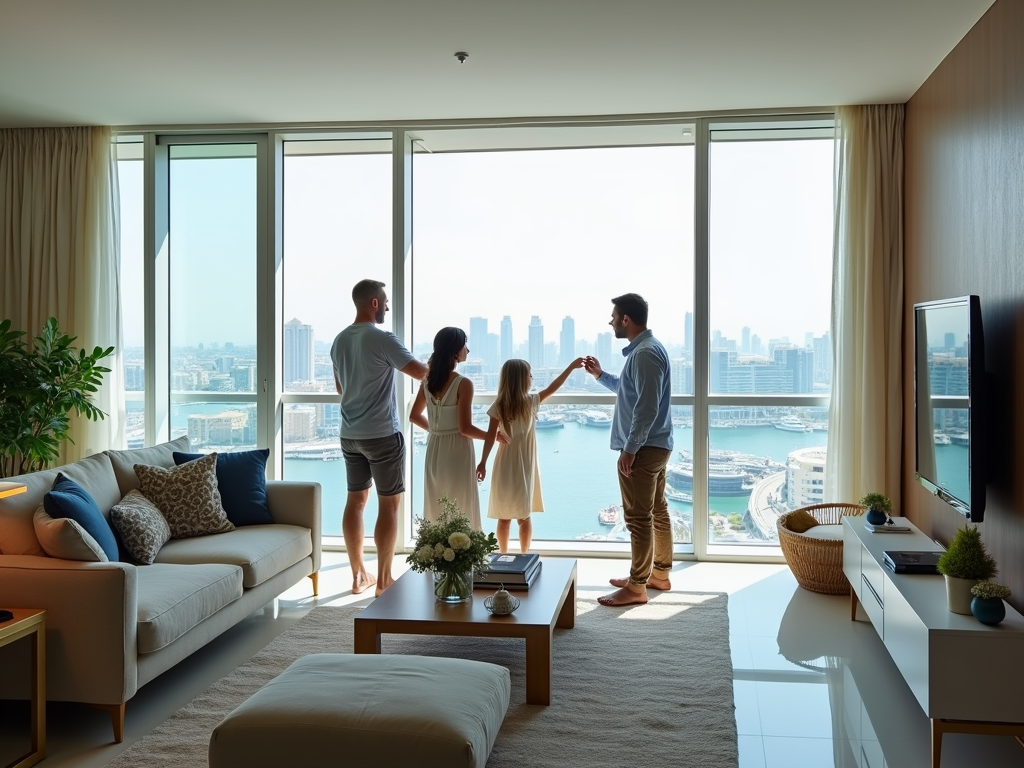 Family standing by a large window overlooking a city skyline and marina from a high-rise apartment.