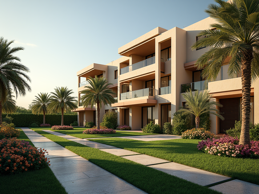 A modern courtyard with palm trees and flowering shrubs, featuring contemporary buildings under a clear blue sky.