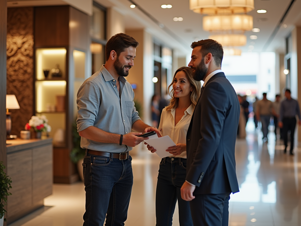 Three professionals talking in a modern office lobby, one holding a tablet.