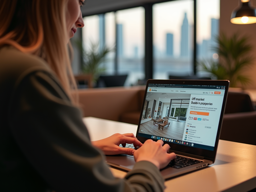 A person browsing real estate listings on a laptop in a modern indoor setting with city views.