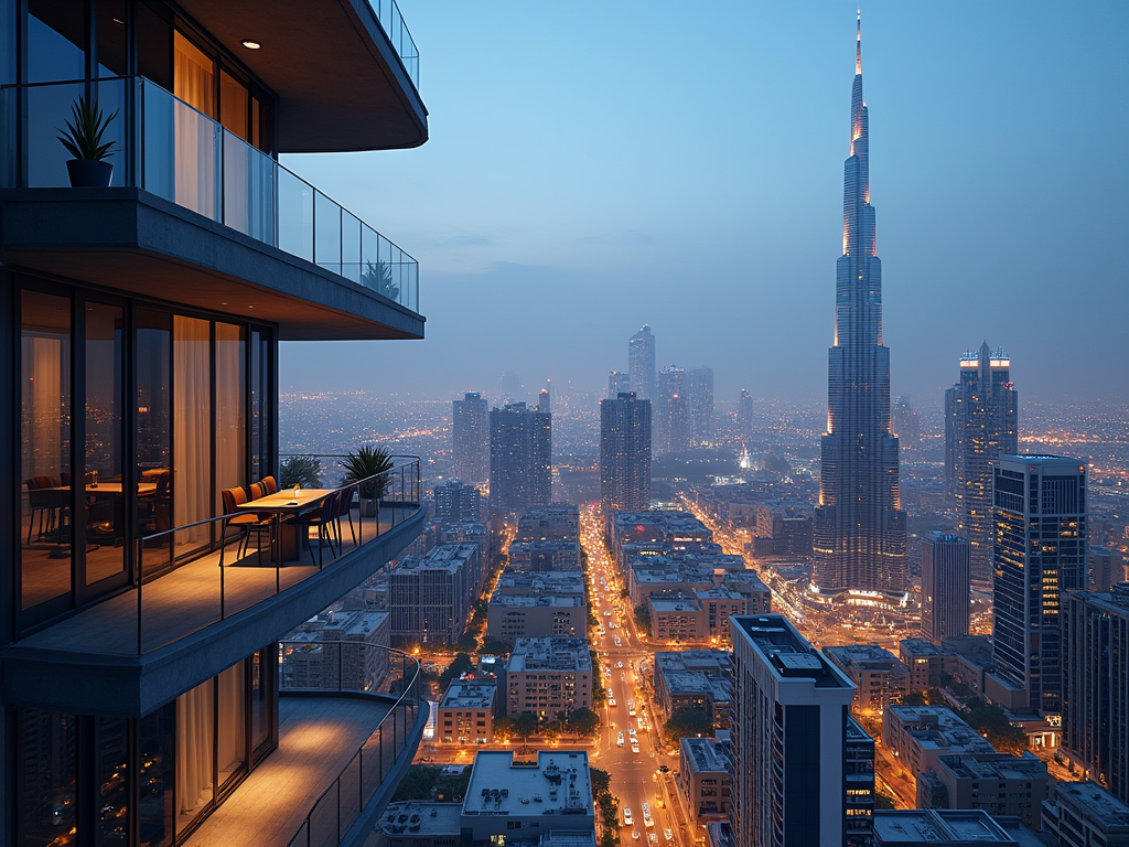 View from a high-rise balcony overlooking a cityscape at twilight with skyscrapers and lit streets.