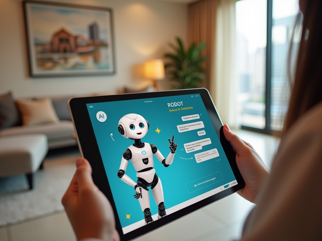 A person holds a tablet displaying a friendly robot character with AI chat options in a cozy modern living space.