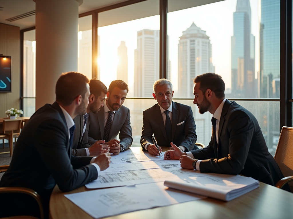 Five businessmen discussing documents at a conference table in a modern office with cityscape backdrop.