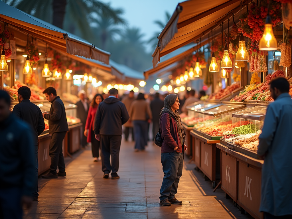 A vibrant market at dusk with colorful produce and people browsing under warm lights. Palm trees in the background.