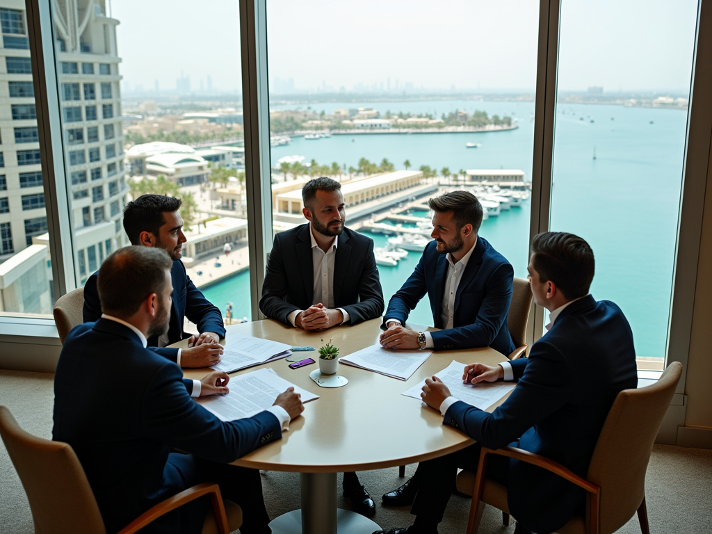 Five businesspeople in suits are engaged in a meeting around a table with a scenic waterfront view.