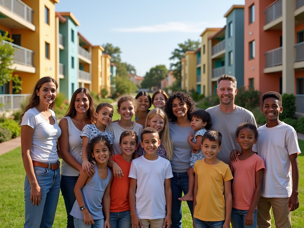 A diverse group of adults and children smiles together in a sunny outdoor setting near colorful apartment buildings.